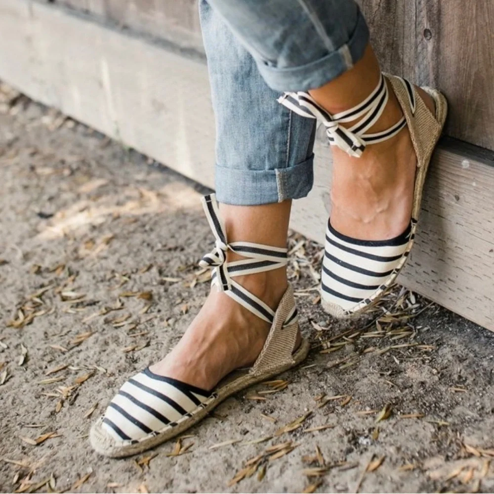 Soludos Black and Cream Striped Ankle Tie Espadrilles Flats